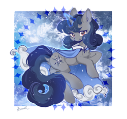 Size: 2048x1913 | Tagged: safe, artist:qamar, imported from derpibooru, oc, oc only, oc:snow fallie, pony, unicorn, abstract background, cape, chaos star, clothes, fangs, horn, solo, unicorn oc