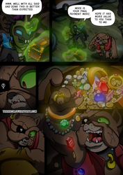 Size: 2408x3400 | Tagged: safe, artist:tarkron, imported from derpibooru, oc, changeling, diamond dog, comic:fusing the fusions, comic:time of the fusions, bag, box, changeling oc, clothes, collar, comic, commissioner:bigonionbean, dialogue, dog collar, eyepatch, friendship express, gold, guard, high res, horn, jewelry, magic, male, puddle, saddle bag, soldier, soldier pony, stallion, storm, train, train car, treasure, wings, writer:bigonionbean
