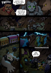 Size: 2408x3400 | Tagged: safe, artist:tarkron, imported from derpibooru, oc, changeling, diamond dog, earth pony, hybrid, pegasus, pony, undead, unicorn, comic:fusing the fusions, comic:time of the fusions, bag, box, changeling oc, clothes, collar, comic, commissioner:bigonionbean, dialogue, dog collar, eyepatch, female, fight, friendship express, gag, gold, guard, high res, horn, lightning, locomotive, magic, male, mare, prisoner, puddle, rain, royal guard, saddle bag, soldier, soldier pony, sports, stallion, steam locomotive, storm, tape, tape gag, tied up, train, train car, treasure, wings, writer:bigonionbean