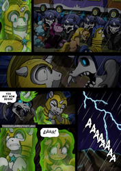 Size: 2408x3400 | Tagged: safe, artist:tarkron, imported from derpibooru, oc, changeling, earth pony, hybrid, pegasus, pony, undead, unicorn, comic:fusing the fusions, comic:time of the fusions, bag, carapace, changeling oc, clothes, collar, comic, commissioner:bigonionbean, crying, dialogue, female, filly, foal, friendship express, gag, guard, high res, horn, horror, insect wings, levitation, lightning, locomotive, magic, male, mare, prisoner, puddle, rain, royal guard, saddle bag, screaming, soldier, soldier pony, stallion, steam locomotive, storm, tape, tape gag, telekinesis, tied up, train, train car, wings, writer:bigonionbean