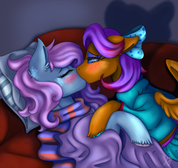 Size: 2144x2020 | Tagged: safe, artist:shamy-crist, imported from derpibooru, oc, oc only, pegasus, pony, blanket, bow, clothes, female, hair bow, kiss on the lips, kissing, lesbian, mare, oc x oc, pegasus oc, scarf, shipping