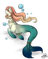 Size: 538x664 | Tagged: safe, artist:scarletsfeed, imported from derpibooru, oc, oc only, merpony, bubble, female, fish tail, flowing mane, jewelry, mare, mermaid tail, necklace, orange mane, signature, simple background, sketch, solo, tail, white background
