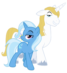 Size: 894x980 | Tagged: safe, artist:cheezedoodle96, artist:peachspices, edit, imported from derpibooru, vector edit, prince blueblood, trixie, pony, unicorn, .svg available, barrel chest, barrelchest blueblood, bluetrix, duo, female, lidded eyes, looking at you, male, mare, pose, profile, shipping, simple background, smiling, stallion, straight, svg, transparent background, vector, walking