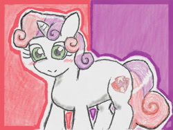 Size: 640x480 | Tagged: safe, artist:あすぐり, imported from derpibooru, sweetie belle, pony, unicorn, blushing, female, filly, foal, smiling, solo, traditional art