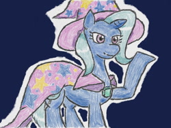 Size: 640x480 | Tagged: safe, artist:あすぐり, imported from derpibooru, trixie, pony, unicorn, brooch, cape, clothes, female, hat, jewelry, mare, raised hoof, smiling, solo, traditional art, trixie's brooch, trixie's cape, trixie's hat