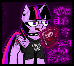 Size: 1154x1034 | Tagged: safe, artist:xxv4mp_g4z3rxx, imported from derpibooru, twilight sparkle, alicorn, pony, alternate design, blood, book, clothes, collar, emo, fanfic, fangs, female, mare, purple eyes, shirt, solo, spiked collar, twilight sparkle (alicorn), vulgar