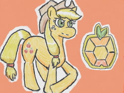 Size: 640x480 | Tagged: safe, artist:あすぐり, imported from derpibooru, applejack, earth pony, pony, applejack's hat, cowboy hat, element of honesty, female, freckles, hat, mare, orange background, simple background, solo, traditional art