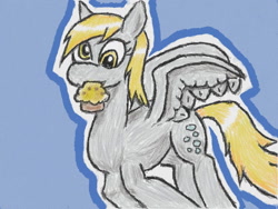 Size: 640x480 | Tagged: safe, artist:あすぐり, imported from derpibooru, derpy hooves, pegasus, pony, blue background, female, flying, food, mare, mouth hold, muffin, simple background, solo, spread wings, that pony sure does love muffins, traditional art, wings
