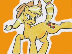 Size: 640x480 | Tagged: safe, artist:あすぐり, imported from derpibooru, applejack, earth pony, pony, angry, applejack's hat, bucking, cowboy hat, female, freckles, hat, looking back, mare, open mouth, orange background, raised hoof, raised leg, raised tail, simple background, solo, tail, traditional art