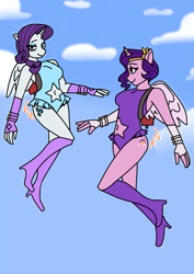 Size: 1345x1896 | Tagged: safe, artist:bambom08, imported from derpibooru, pipp petals, rarity, alicorn, anthro, alicornified, clothes, duo, flying, g5, jetpack, leotard, looking at each other, looking at someone, looking at you, pippcorn, race swap, raricorn, sky, sky background, smiling, smiling at each other, smiling at you