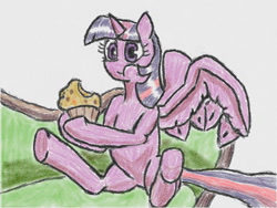 Size: 640x480 | Tagged: safe, alternate version, artist:あすぐり, imported from derpibooru, twilight sparkle, alicorn, pony, chewing, couch, eating, female, food, hoof hold, mare, muffin, sitting, solo, spread wings, traditional art, twilight sparkle (alicorn), underhoof, wings