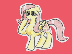 Size: 640x480 | Tagged: safe, artist:あすぐり, imported from derpibooru, fluttershy, pegasus, pony, female, floppy ears, folded wings, mare, open mouth, raised hoof, simple background, solo, traditional art, wings