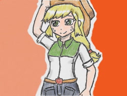 Size: 640x480 | Tagged: safe, artist:あすぐり, imported from derpibooru, applejack, human, equestria girls, applejack's hat, clothes, cowboy hat, female, freckles, hat, raised arm, shirt, skirt, solo, traditional art