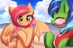 Size: 1125x750 | Tagged: safe, artist:lumineko, imported from derpibooru, oc, oc only, oc:fluttered wing, oc:skyyoshi, earth pony, pegasus, pony, bat wings, beach, blushing, clothes, cloud, duo, eyes closed, female, food, looking at someone, mare, melon, pegasus wings, scarf, seeds, sky, watermelon, wings