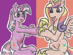 Size: 640x480 | Tagged: safe, artist:あすぐり, imported from derpibooru, princess cadance, twilight sparkle, alicorn, pony, unicorn, duo, duo female, female, jewelry, mare, open mouth, open smile, regalia, sisters-in-law, sitting, smiling, spread wings, sunshine sunshine, traditional art, unicorn twilight, wings