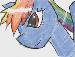 Size: 640x480 | Tagged: safe, artist:あすぐり, imported from derpibooru, rainbow dash, pegasus, pony, bust, female, mare, portrait, simple background, smiling, solo, traditional art