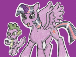 Size: 640x480 | Tagged: safe, artist:あすぐり, imported from derpibooru, spike, twilight sparkle, alicorn, dragon, pony, duo, duo male and female, female, glowing, glowing horn, horn, magic, male, mare, open mouth, purple background, raised fist, simple background, spread wings, tail, traditional art, twilight sparkle (alicorn), wings