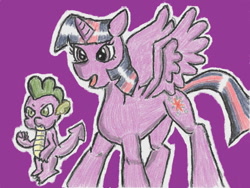 Size: 640x480 | Tagged: safe, alternate version, artist:あすぐり, imported from derpibooru, spike, twilight sparkle, alicorn, dragon, pony, duo, duo male and female, female, male, mare, open mouth, purple background, raised fist, simple background, spread wings, tail, traditional art, twilight sparkle (alicorn), wings