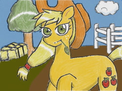 Size: 640x480 | Tagged: safe, artist:あすぐり, imported from derpibooru, applejack, earth pony, pony, applejack's hat, cloud, cowboy hat, digitally colored, female, fence, freckles, hat, hay bale, looking at you, mare, outdoors, solo, straw in mouth, traditional art, tree