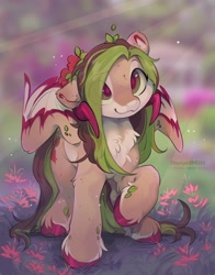 Size: 2960x3770 | Tagged: safe, artist:apple_nettle, imported from derpibooru, oc, oc only, oc:helemaranth, pegasus, pony, chest fluff, colored hooves, colored pupils, cute, eye clipping through hair, leaf, long hair, pale belly, raised hoof, red pupils, smiling, solo, standing, unshorn fetlocks