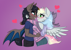 Size: 2646x1884 | Tagged: safe, artist:tomiku, imported from derpibooru, oc, oc only, oc:black night, oc:blazey sketch, anthro, bat pony, pegasus, blue eyes, blushing, bow, breast squish, breasts, brown fur, clothes, couple, duo, female, furry, green eyes, grey fur, hair bow, heart, hug, looking at each other, looking at someone, looking into each others eyes, male, mare, multicolored hair, oc x oc, off shoulder, off shoulder sweater, pink background, shipping, shirt, shorts, simple background, stallion, straight, sweater