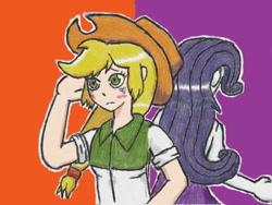 Size: 640x480 | Tagged: safe, artist:あすぐり, imported from derpibooru, applejack, rarity, human, equestria girls, applejack's hat, blushing, cowboy hat, digitally colored, duo, duo female, female, hat, lesbian, raised arm, rarijack, rear view, shipping, traditional art
