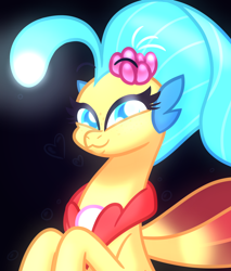 Size: 3060x3600 | Tagged: safe, artist:iceflower99, imported from derpibooru, princess skystar, seapony (g4), my little pony: the movie, black background, blue eyes, blue mane, bubble, bust, cute, digital art, female, fin wings, fins, flower, flower in hair, freckles, glowing, glowing eyes, heart, jewelry, looking at you, necklace, pearl, pearl necklace, red wings, simple background, smiling, smiling at you, solo, video at source, video in description, wings