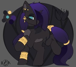 Size: 2311x2038 | Tagged: safe, artist:beardie, imported from derpibooru, oc, oc only, pony, unicorn, ankh, commission, ear piercing, egyptian, female, lidded eyes, mare, piercing, raised hoof, raised leg, reference sheet, solo