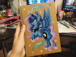 Size: 1920x1440 | Tagged: safe, artist:julunis14, imported from derpibooru, princess luna, alicorn, pony, colored pencil drawing, cute, glowing, glowing horn, horn, magic, notebook, sparkles, spread wings, traditional art, wings