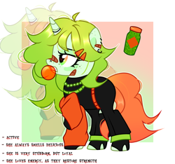 Size: 3072x2878 | Tagged: safe, artist:idkhesoff, imported from derpibooru, oc, oc only, oc:soor ploom, pony, unicorn, bandaid, bandaid on nose, belt, bubblegum, clothes, ear piercing, earring, female, fingerless gloves, food, freckles, gloves, gritted teeth, gum, hairclip, horn, horn ring, jewelry, mare, necklace, nose piercing, nose ring, pants, piercing, raised tail, reference sheet, ring, ripped stockings, shirt, socks, solo, stockings, sweatpants, tail, teeth, thigh highs, torn clothes, torn socks