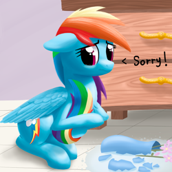 Size: 2000x2000 | Tagged: safe, artist:stellardust, imported from derpibooru, rainbow dash, pegasus, pony, broken vase, dialogue, female, floppy ears, flower, furniture, hug, lineless, mare, sitting, solo, tail, tail hug, vase, worried