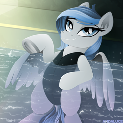 Size: 2000x2000 | Tagged: safe, artist:andaluce, imported from derpibooru, oc, oc only, oc:haze northfleet, pegasus, pony, clothes, female, frog (hoof), lineless, looking at you, mare, smiling, smiling at you, solo, spread wings, swimming pool, swimsuit, underhoof, underwater, water, wings