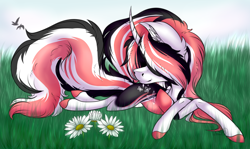 Size: 2468x1471 | Tagged: safe, artist:beamybutt, imported from derpibooru, oc, oc only, pony, unicorn, colored hooves, ear fluff, flower, hair over eyes, horn, lying down, prone, solo, unicorn oc
