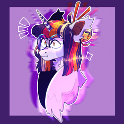 Size: 1920x1920 | Tagged: safe, artist:mintyo0s, imported from derpibooru, twilight sparkle, alicorn, pony, :i, abstract background, bust, female, glasses, hairpin, mare, redesign, solo, twilight sparkle (alicorn)