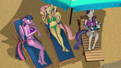 Size: 3840x2160 | Tagged: safe, artist:cutthroadstreak, imported from derpibooru, fluttershy, rarity, twilight sparkle, alicorn, anthro, pegasus, plantigrade anthro, unicorn, 3d, barefoot, beach, beach chair, beach umbrella, belly button, bikini, breasts, busty fluttershy, busty rarity, busty twilight sparkle, chair, cleavage, clothes, eyes closed, eyeshadow, feet, female, jewelry, makeup, mare, midriff, nail polish, necklace, overhead view, reclining, source filmmaker, swimsuit, tanning mirror, toenail polish, trio, twilight sparkle (alicorn)