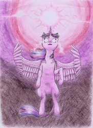 Size: 1220x1680 | Tagged: safe, artist:thespectral-wolf, imported from derpibooru, twilight sparkle, alicorn, pony, bipedal, female, glowing, glowing eyes, solo, traditional art, twilight sparkle (alicorn)