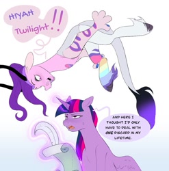 Size: 993x1004 | Tagged: safe, artist:aztrial, imported from derpibooru, twilight sparkle, oc, oc:doodle, alicorn, draconequus, pony, annoyed, draconequus oc, duo, female, glowing, glowing horn, horn, levitation, magic, mare, open mouth, paper, quill, sweat, sweatdrop, telekinesis, twilight sparkle (alicorn), twilight sparkle is not amused, unamused