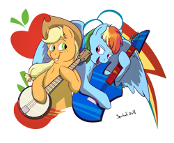 Size: 1367x1122 | Tagged: safe, artist:thespectral-wolf, imported from derpibooru, applejack, rainbow dash, earth pony, pegasus, pony, banjo, cutie mark background, duo, female, guitar, musical instrument, simple background, spread wings, transparent background