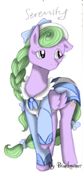 Size: 600x1254 | Tagged: safe, artist:binikastar, imported from derpibooru, oc, oc only, oc:serenity, pegasus, pony, bow, braid, female, hair bow, mare, pegasus oc, raised hoof, simple background, solo, story included, white background, wings