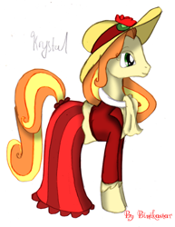 Size: 600x779 | Tagged: safe, artist:binikastar, imported from derpibooru, oc, oc only, earth pony, pony, clothes, dress, earth pony oc, female, hat, mare, simple background, smiling, solo, story included, sun hat, white background