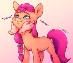 Size: 2193x1914 | Tagged: safe, alternate version, artist:buttersprinkle, imported from derpibooru, part of a set, sunny starscout, earth pony, human, pony, alternate character, blushing, cute, disembodied hand, female, g5, gradient background, hand, mare, my little pony: a new generation, no pupils, offscreen character, offscreen human, solo focus, squeezing, squishy, squishy cheeks, sunnybetes