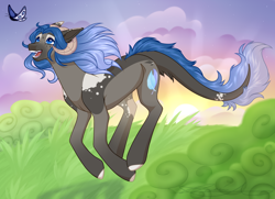 Size: 2000x1450 | Tagged: safe, artist:purplegrim40, imported from derpibooru, oc, oc only, butterfly, pony, colored hooves, grass, horns, running