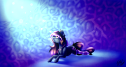 Size: 3000x1600 | Tagged: safe, artist:prettyshinegp, imported from derpibooru, oc, oc only, earth pony, pony, abstract background, clothes, commission, earth pony oc, female, looking up, lying down, mare, prone, signature, socks, solo, striped socks, ych result