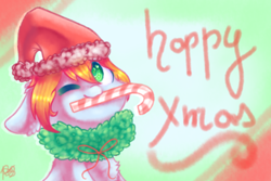 Size: 3000x2000 | Tagged: safe, artist:prettyshinegp, imported from derpibooru, oc, oc only, earth pony, pony, abstract background, candy, candy cane, christmas, christmas wreath, earth pony oc, female, floppy ears, food, holiday, mare, merry christmas, one eye closed, signature, solo, wink, wreath