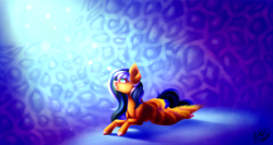 Size: 3000x1600 | Tagged: safe, artist:prettyshinegp, imported from derpibooru, oc, oc only, pegasus, pony, abstract background, commission, female, looking up, mare, pegasus oc, signature, smiling, solo, wings, ych result