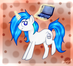 Size: 1512x1368 | Tagged: safe, artist:lelka-philka, imported from derpibooru, oc, oc only, pony, unicorn, computer, female, glowing, glowing horn, horn, laptop computer, magic, solo, telekinesis, unicorn oc