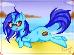 Size: 1368x1023 | Tagged: safe, artist:lelka-philka, imported from derpibooru, oc, oc only, pony, unicorn, beach, female, horn, solo, sunglasses, unicorn oc, water