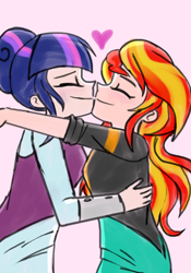 Size: 504x720 | Tagged: safe, artist:lelka-philka, imported from derpibooru, sci-twi, sunset shimmer, twilight sparkle, human, equestria girls, duo, eyes closed, female, heart, hug, human coloration, lesbian, scitwishimmer, shipping, simple background, sunsetsparkle