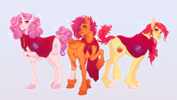 Size: 1295x734 | Tagged: safe, artist:traceofstardust, imported from twibooru, apple bloom, scootaloo, sweetie belle, earth pony, pegasus, pony, unicorn, alternate cutie mark, alternate hairstyle, bandage, bow, cape, clothes, cmc cape, colored hooves, cutie mark crusaders, eyeshadow, female, freckles, grin, hair bow, hoof fluff, image, looking at you, makeup, mare, older, older apple bloom, older cmc, older scootaloo, older sweetie belle, png, scar, simple background, smiling, smiling at you, sparkles, standing, tail wrap, trio, trio female, unshorn fetlocks