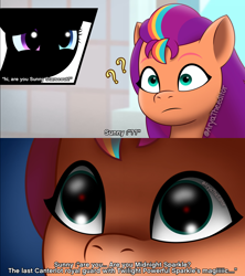 Size: 1920x2160 | Tagged: safe, artist:aryatheeditor, imported from derpibooru, sunny starscout, twilight sparkle, earth pony, pony, equestria girls, blue eyes, comic, crystal brighthouse, female, g5, glow, glowing eyes, heterochromia, high res, jewelry, lacrimosa, mare, midnight sparkle, my little pony: a new generation, my little pony: tell your tale, question mark, regalia, shocked, shocked expression, subtitles